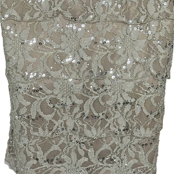 Scarlett Nite Floral Sheath Dress 8P Tan Gray Layered Lace Metallic Cap Sleeves - Picture 9 of 15